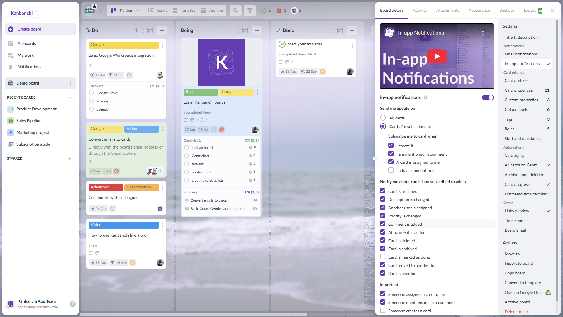 Kanbanchi in-app notifications in board settings