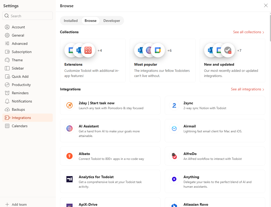 Todoist integrations including Slack, Google Calendar, and Zapier Todoist integration with third-party applications