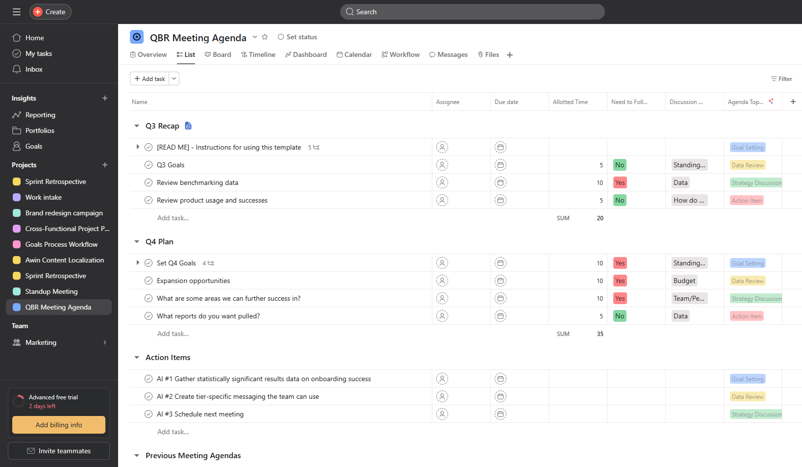 Asana project view with task lists and deadlines