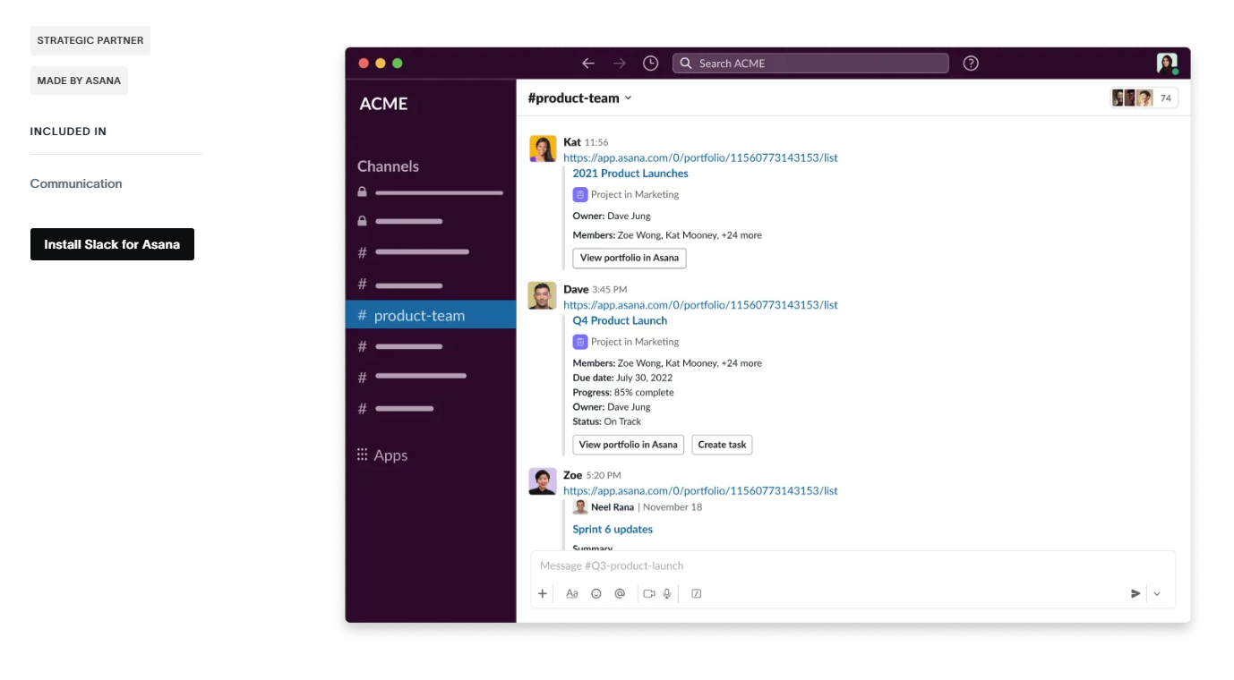 The interface displays a Slack channel where team members can view, create, and assign Asana tasks directly within the Slack workspace