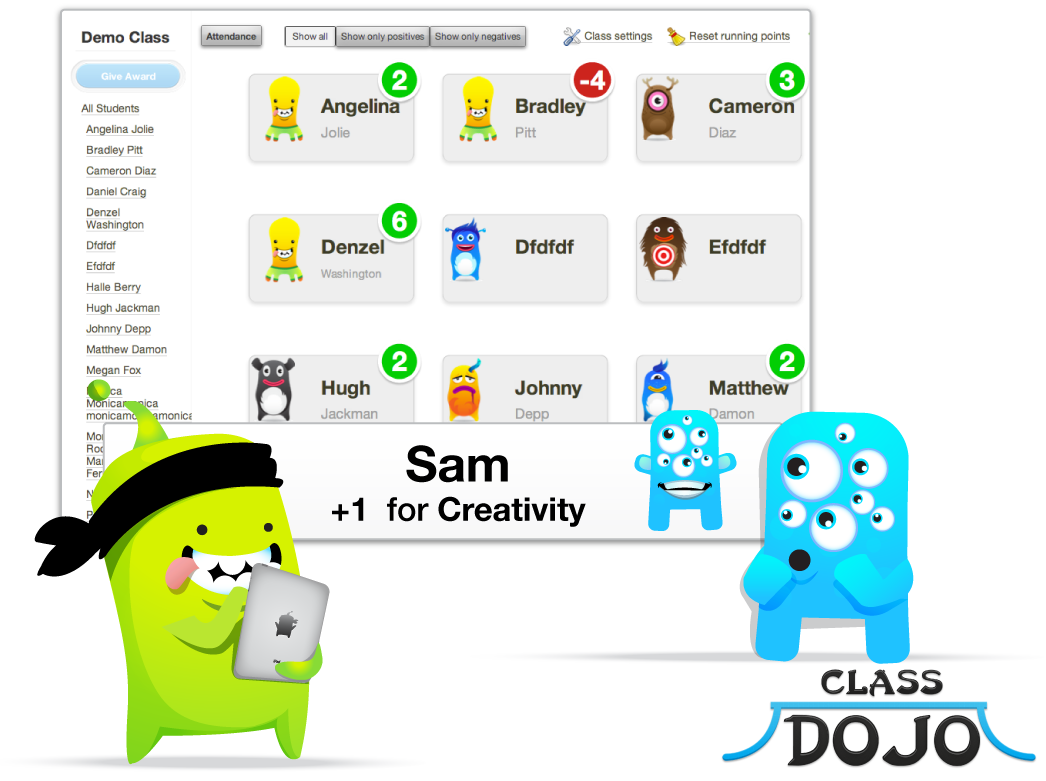 ClassDojo interface showing student behavior points alongside engaging monster illustrations used to represent students and rewards