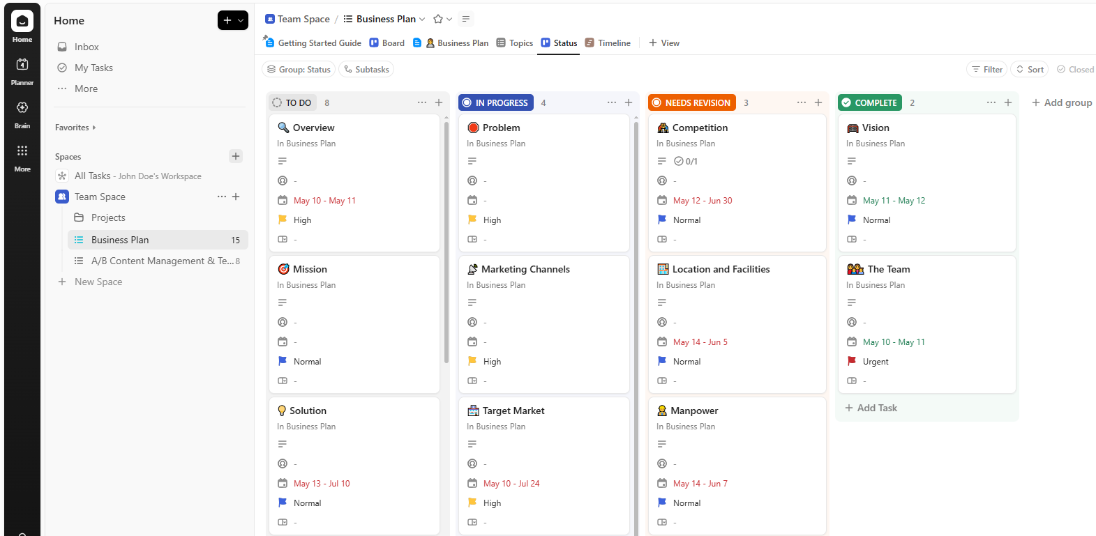 ClickUp workspace showing centralized task, document, and time management