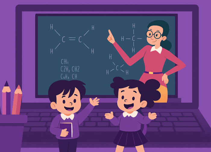 Illustration showing a modern digital classroom where a teacher explains topic digitally while students engage actively with learning tools