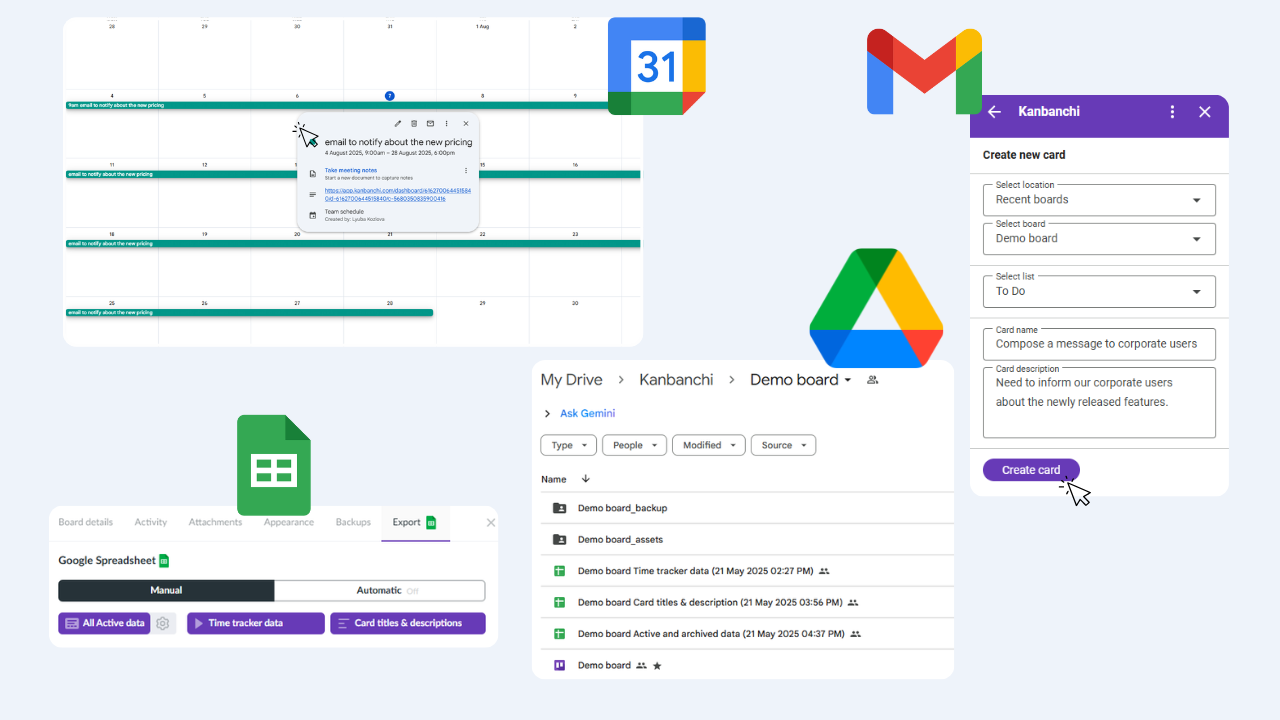 Kanbanchi integrates with Gmail, Calendar, Drive, and Sheets for streamlined task management