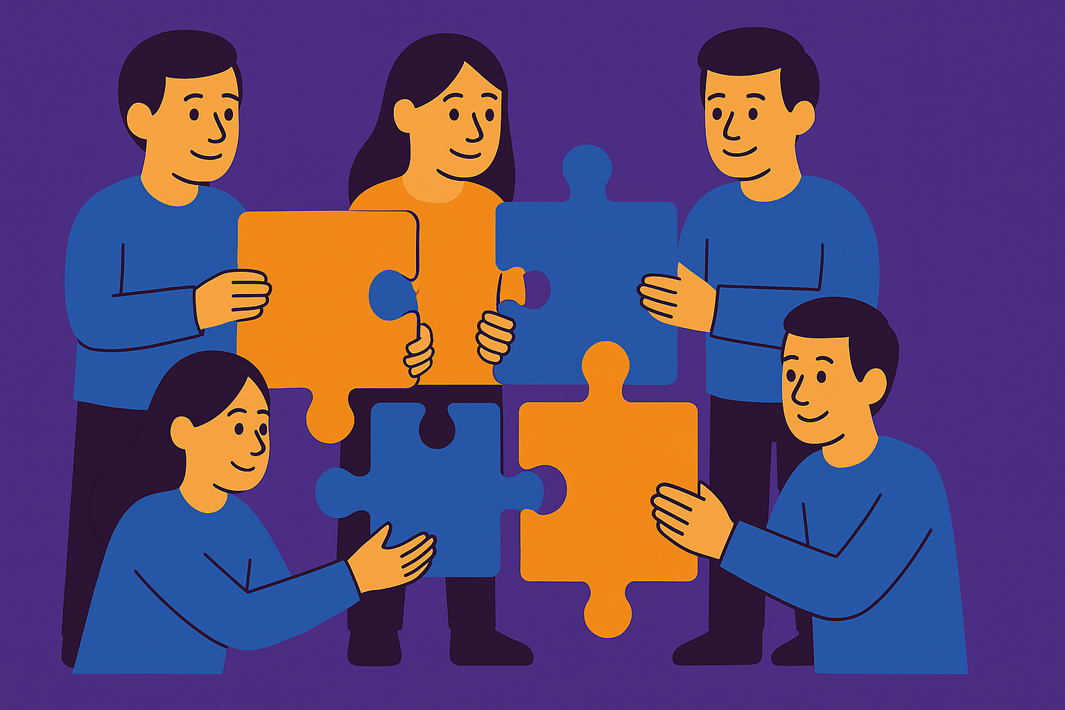 Illustration of a team collaboratively assembling puzzle pieces, symbolizing teamwork and connecting different processes in one place