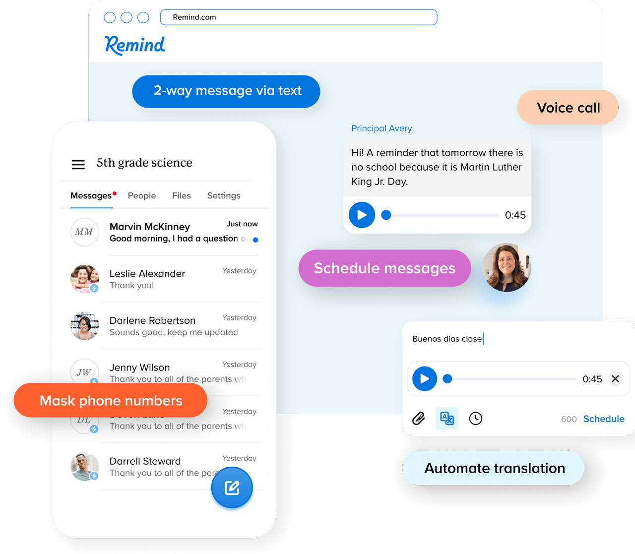 Remind app interface showcasing messaging, voice calls, scheduled messages, masked phone numbers, and automated translation for parent-teacher communication