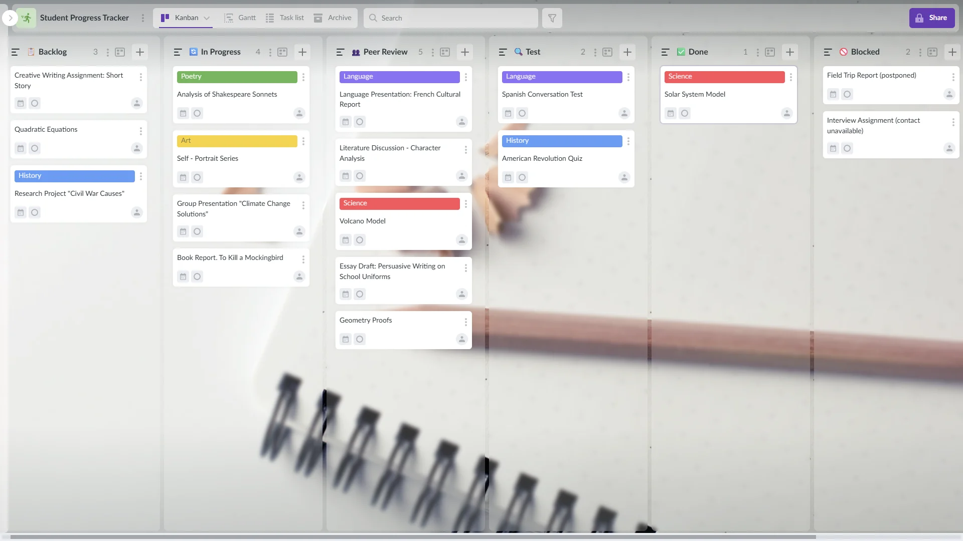Example of a Kanban board in Kanbanchi showing task stages with cards representing student progress tracking