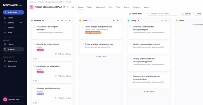 Teamwork interface with client project tracking and invoicing features
