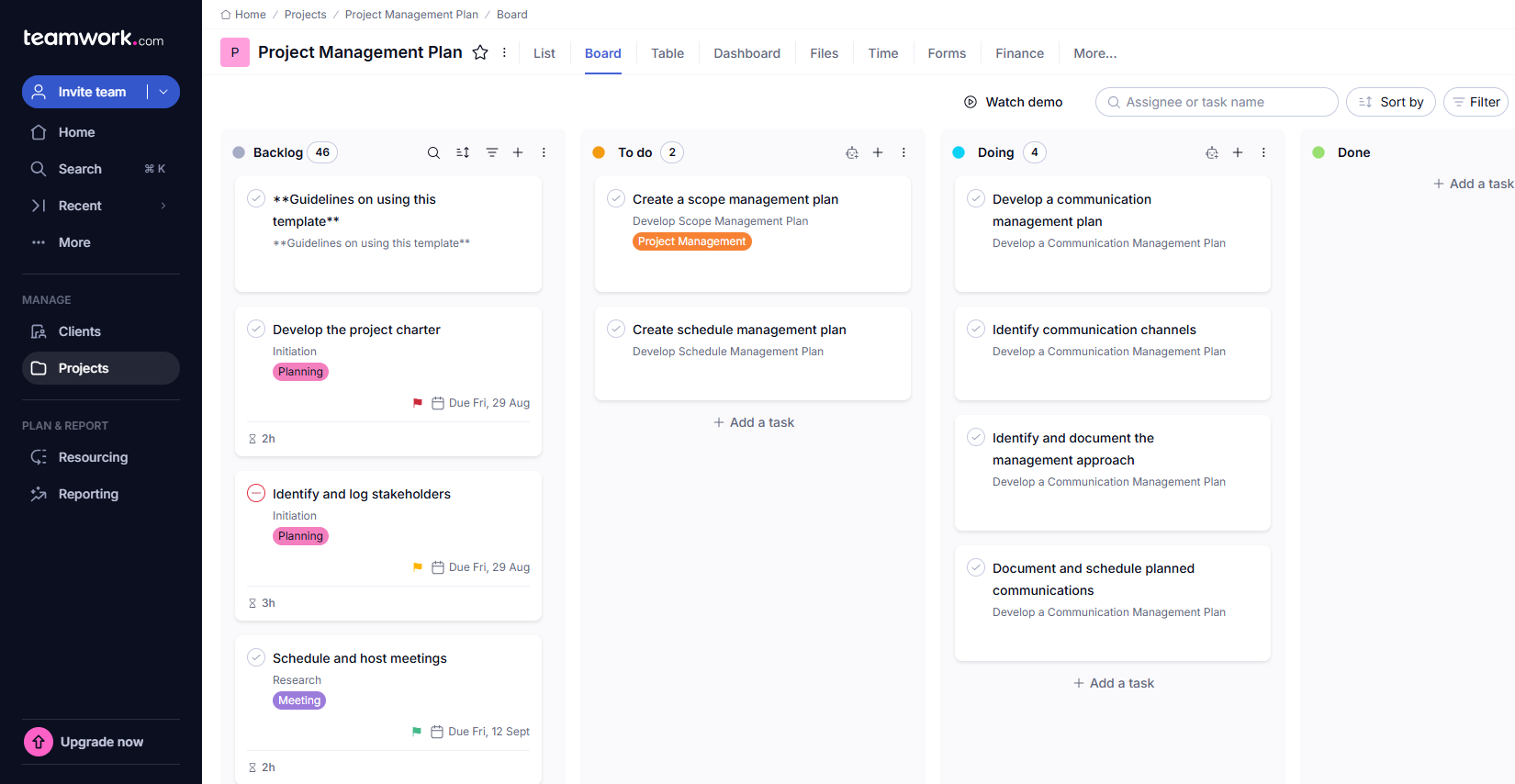 Teamwork interface with client project tracking and invoicing features