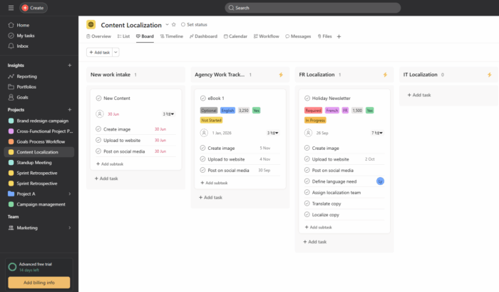 Asana project management dashboard with task list and timeline view
