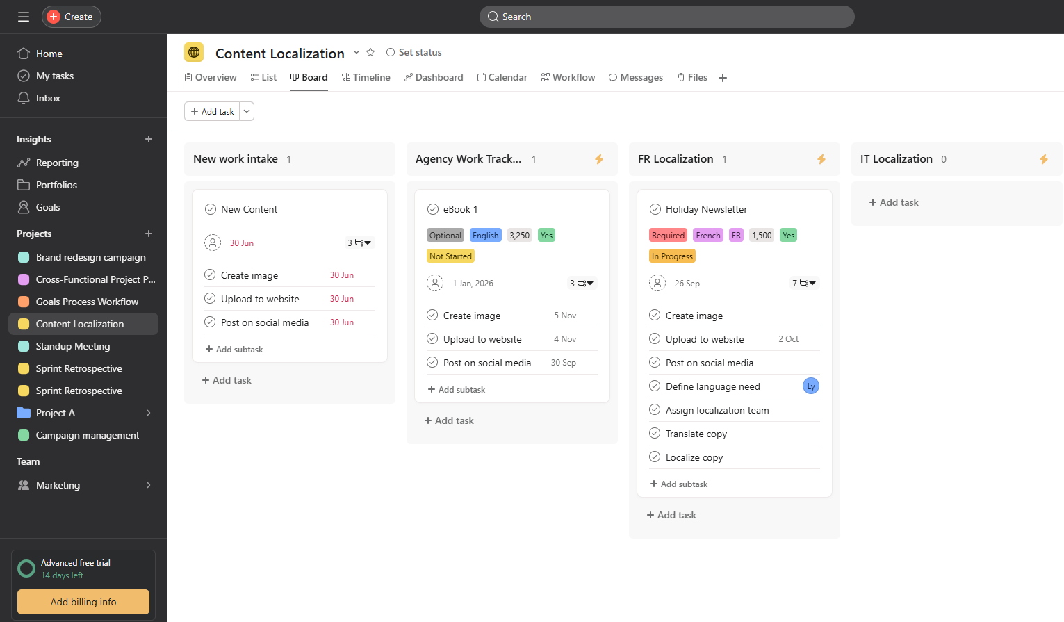 Asana project management dashboard with task list and timeline view