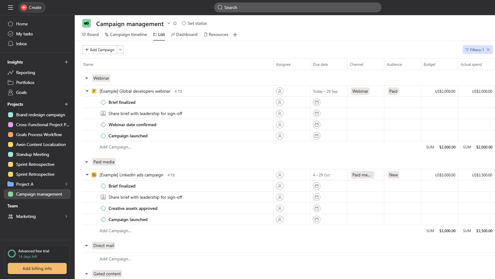 Asana task management board with multiple project views