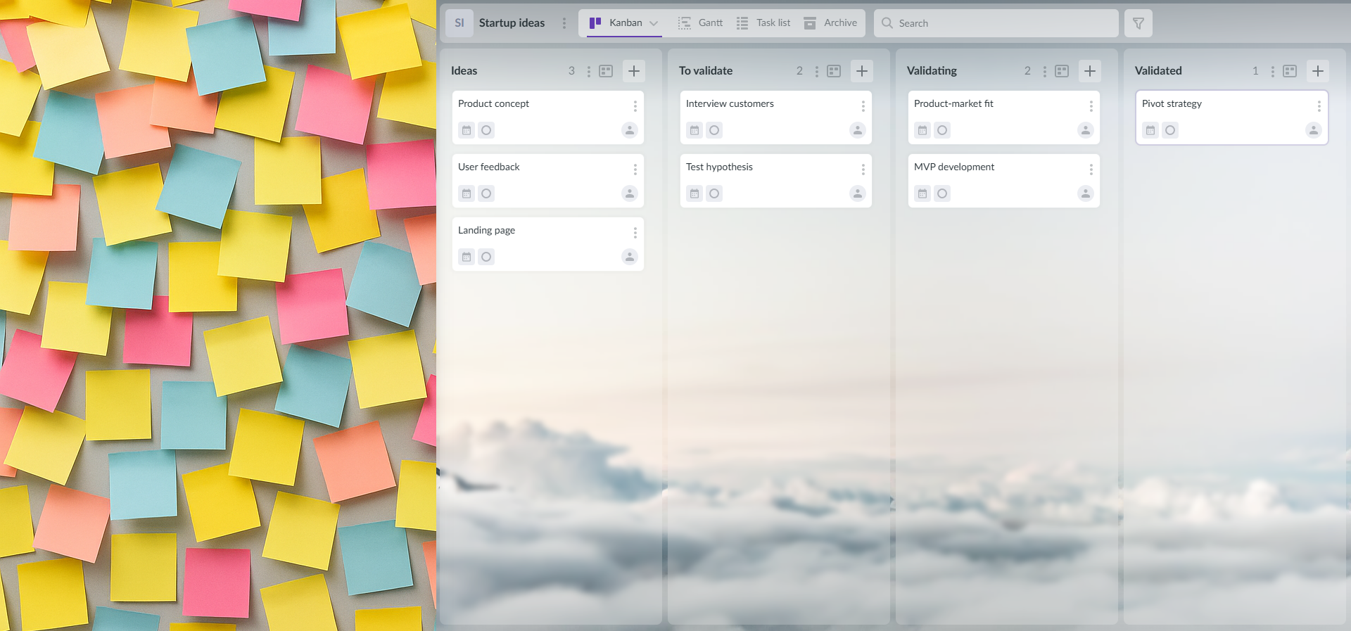 Split-screen showing disorganized sticky note chaos versus structured Kanbanchi lean startup boards with clear validation workflows