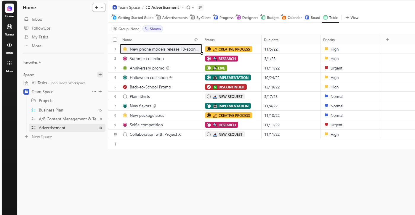 Screenshot of ClickUp project management dashboard interface