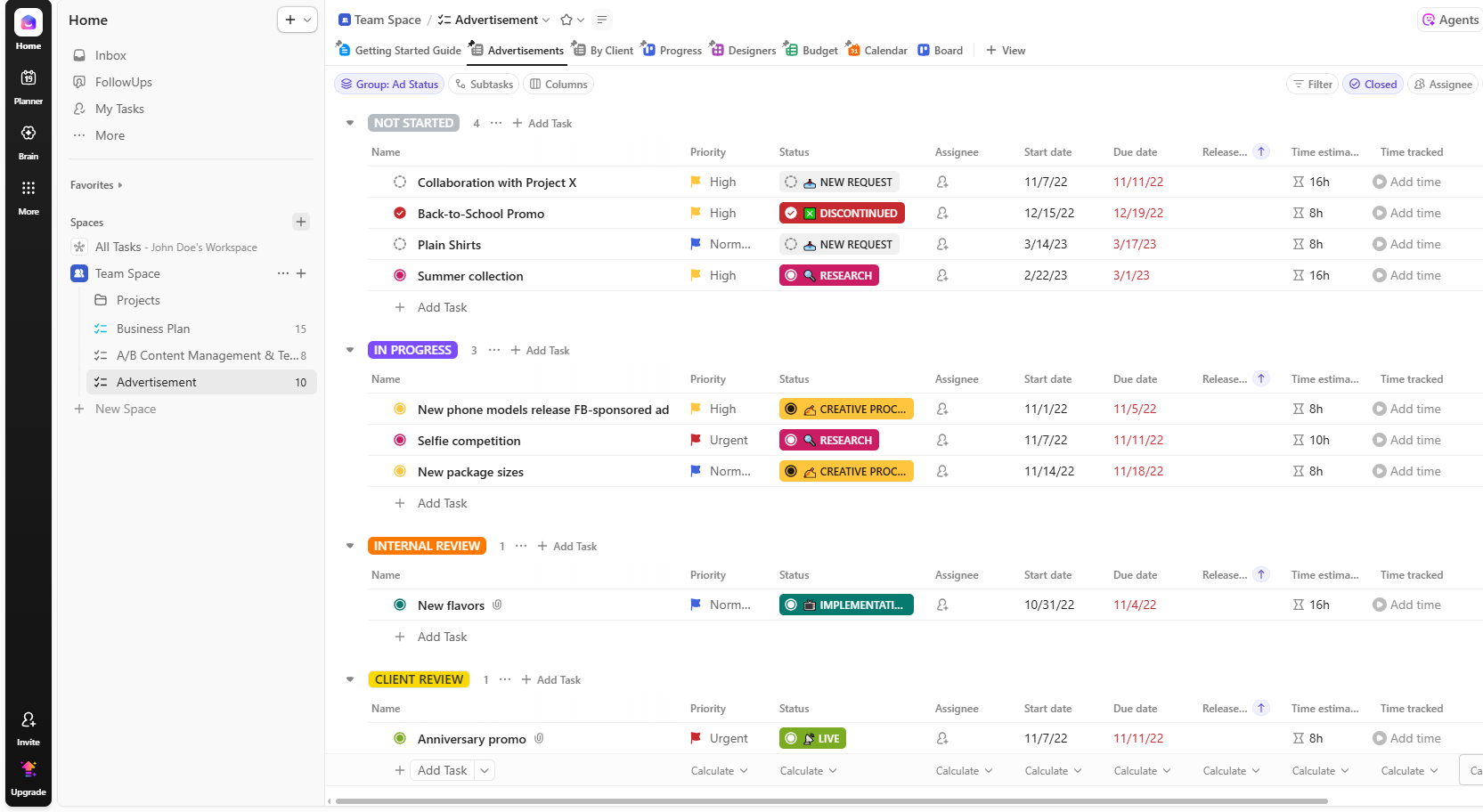 ClickUp project management dashboard with multiple work views