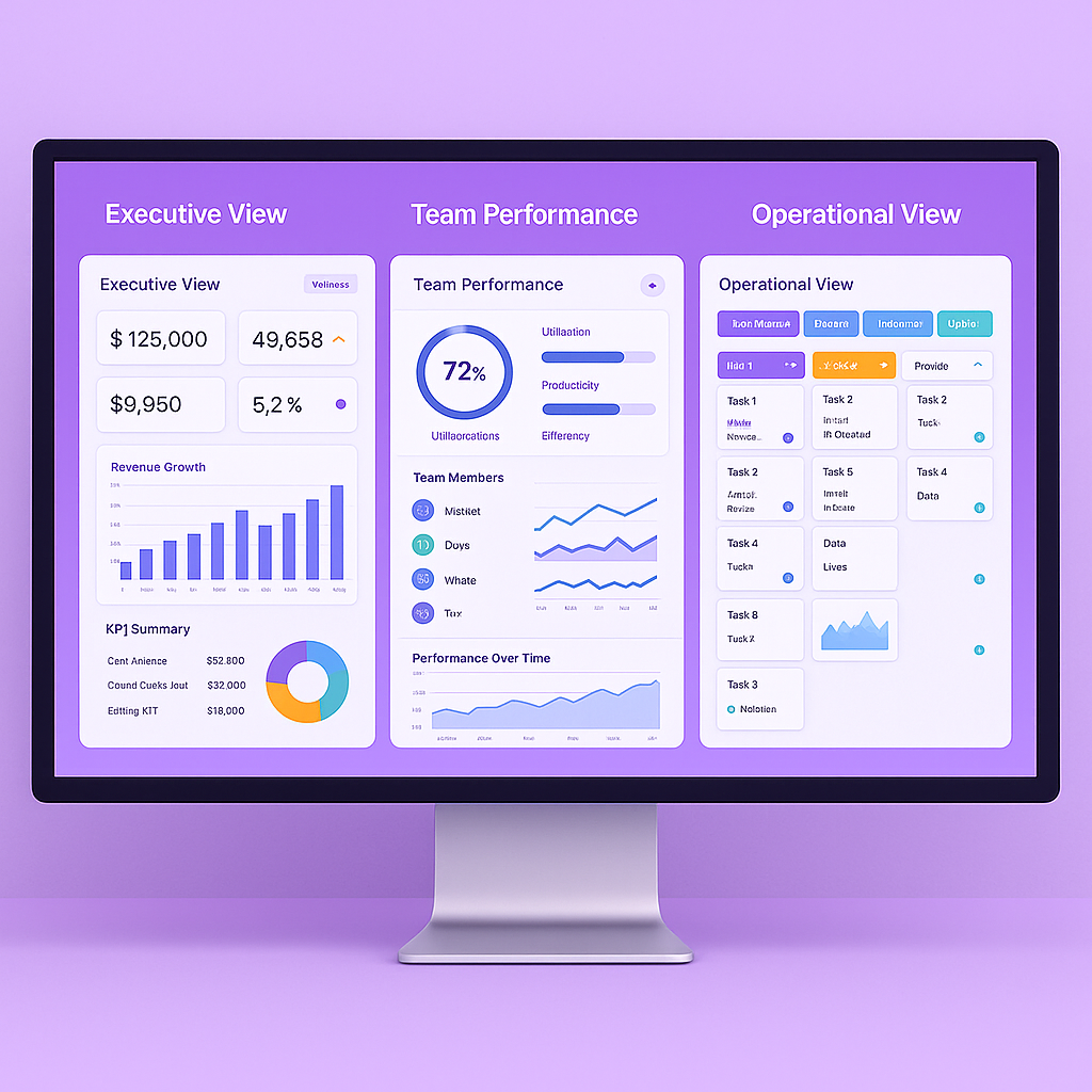 Multiple dashboard examples showing executive, team performance, andoperational views with Kanbanchi data integration