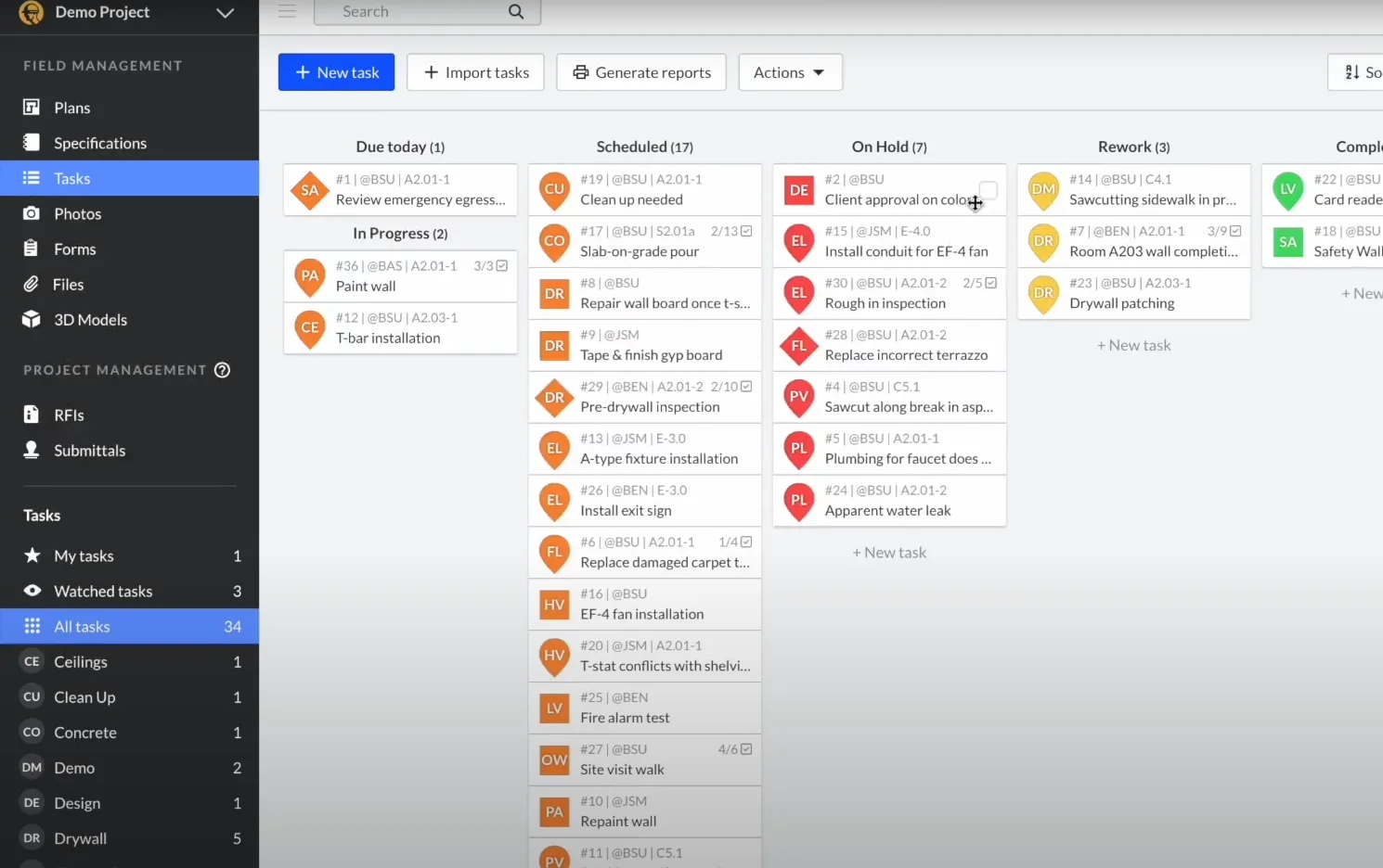 Fieldwire mobile app showing construction site tasks and drawings