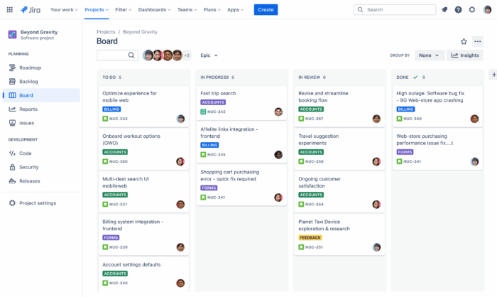 Jira project board with backlog, sprint, and issue tracking