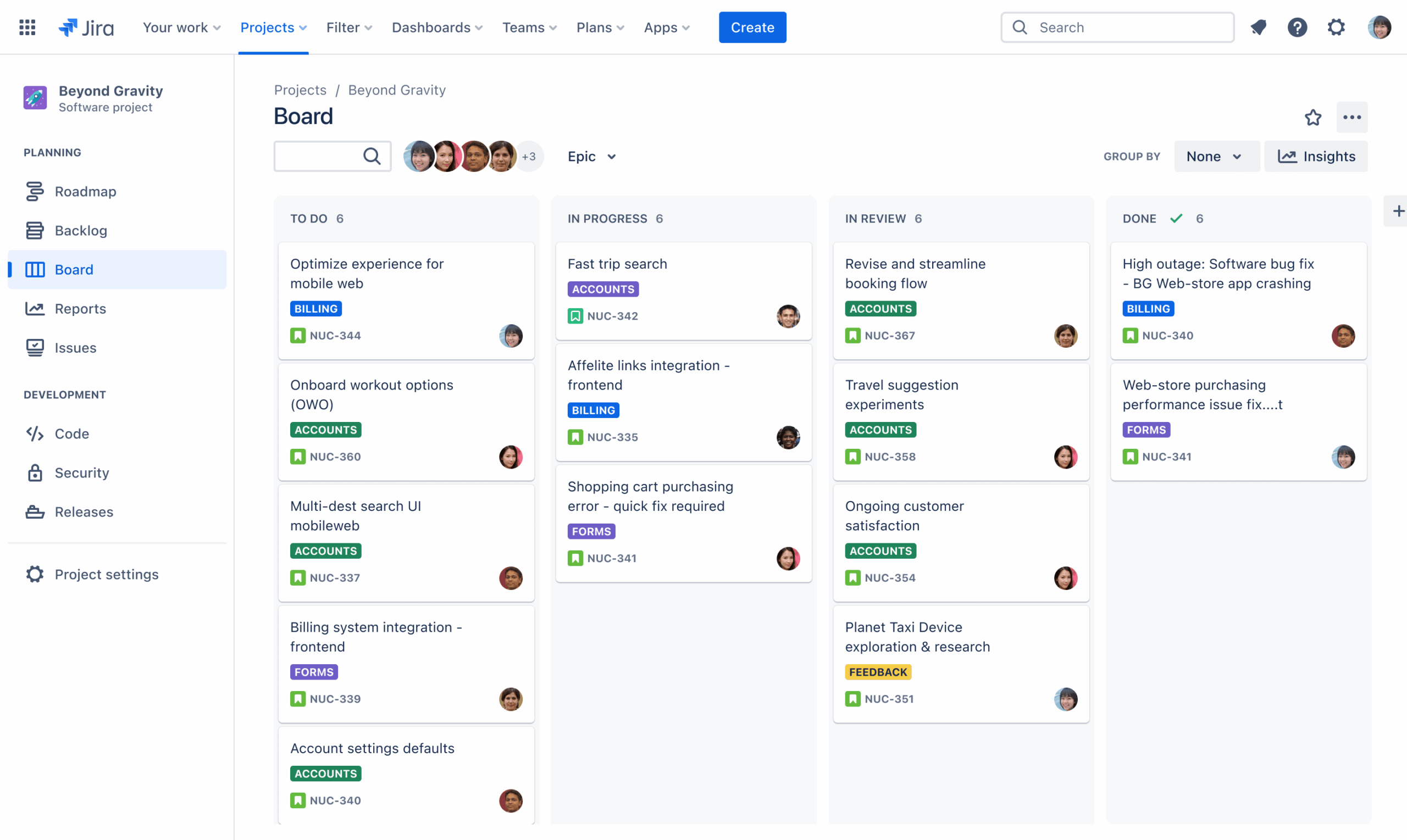 Jira Scrum board with tasks and backlog