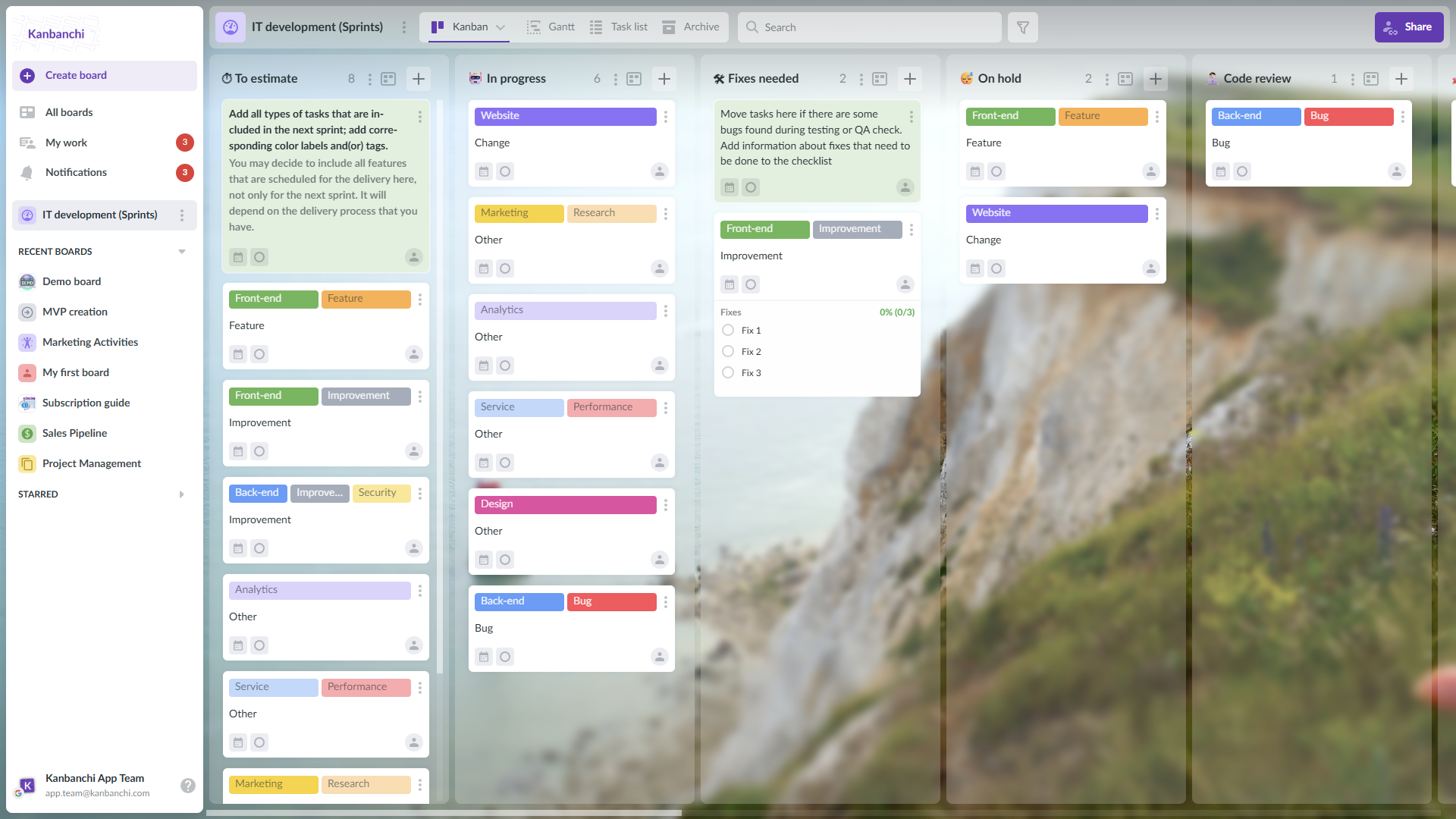 Kanbanchi interface displaying multiple project boards on the left panel