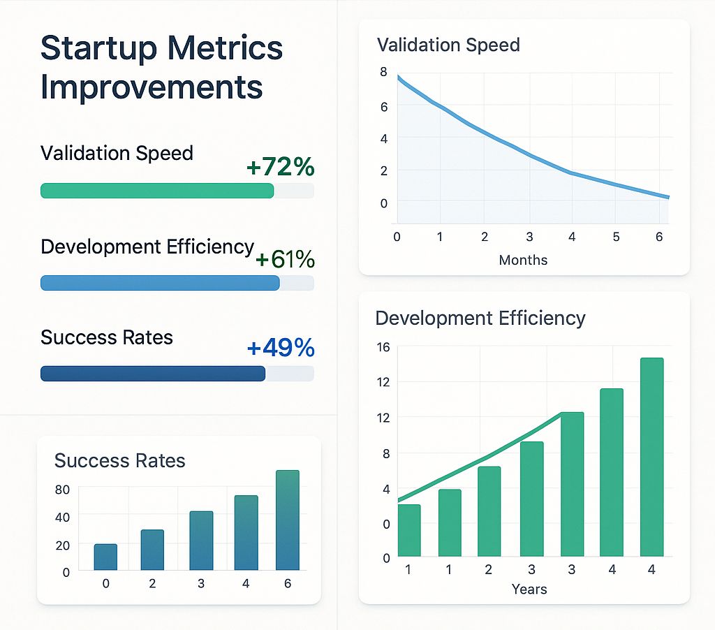 Analytics showing startup metrics improvements includingvalidation speed, development efficiency, and success rates