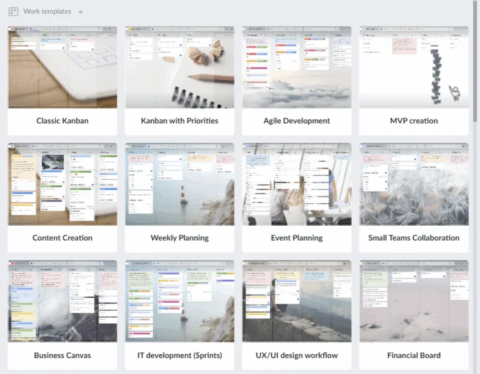 Screenshot of Kanbanchi template gallery displaying various types of project boards