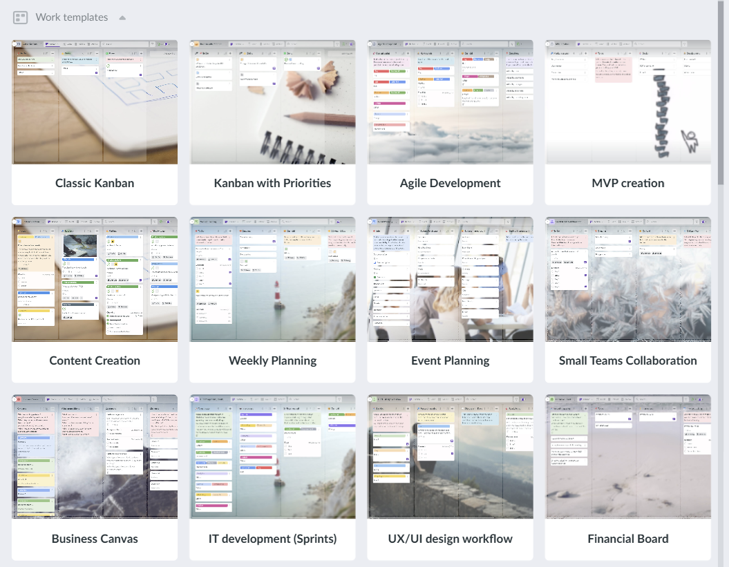 Screenshot of Kanbanchi template gallery displaying various lean startup boards