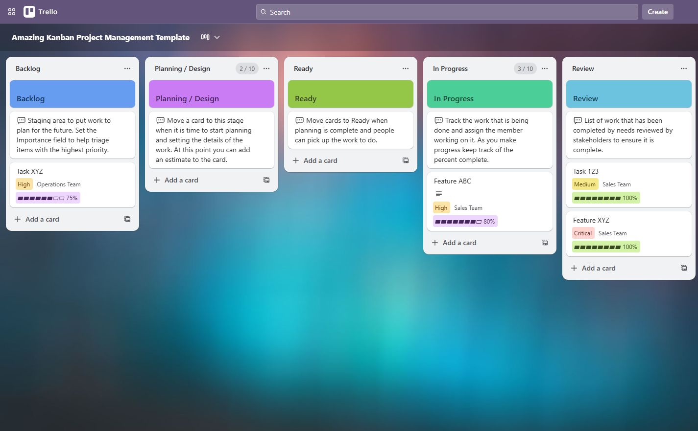 Trello Kanban board interface with lists and task cards