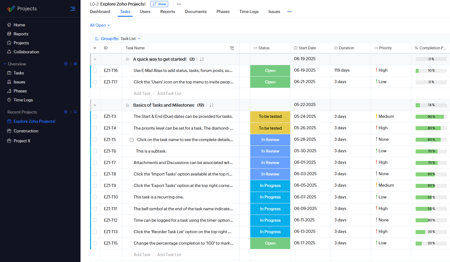 Zoho Projects interface with task list, Gantt chart, and collaboration tools