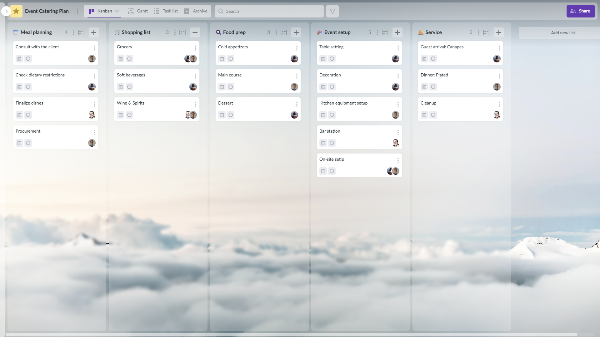 Kanbanchi board used to coordinate event details and staff assignments
