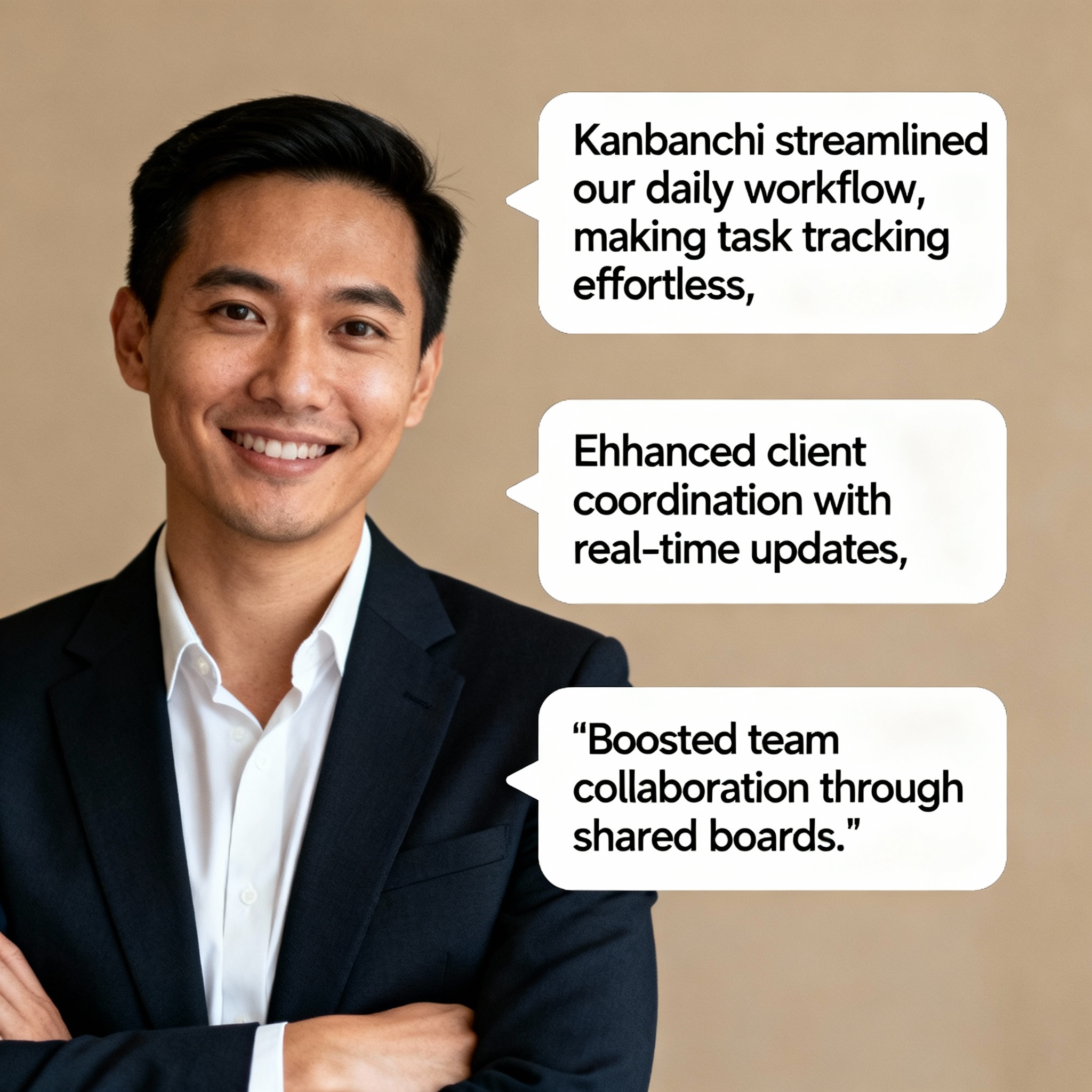 Consultant headshot with testimonial bubbles describing Kanbanchi impact