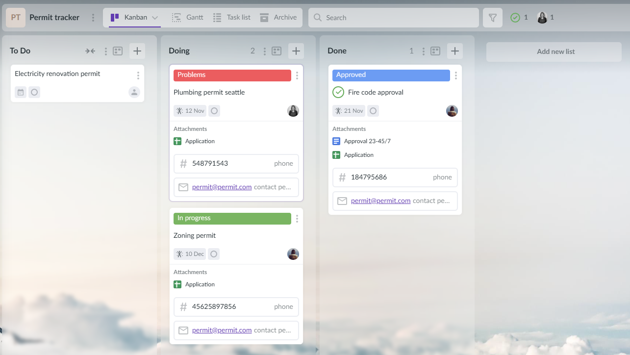 Example of the permit tracker board layout