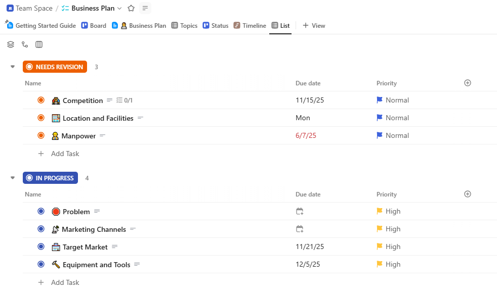 Screenshot of ClickUp interface showing Kanban board and team discussions ClickUp project workspace with multiple task views and real-time collaboration