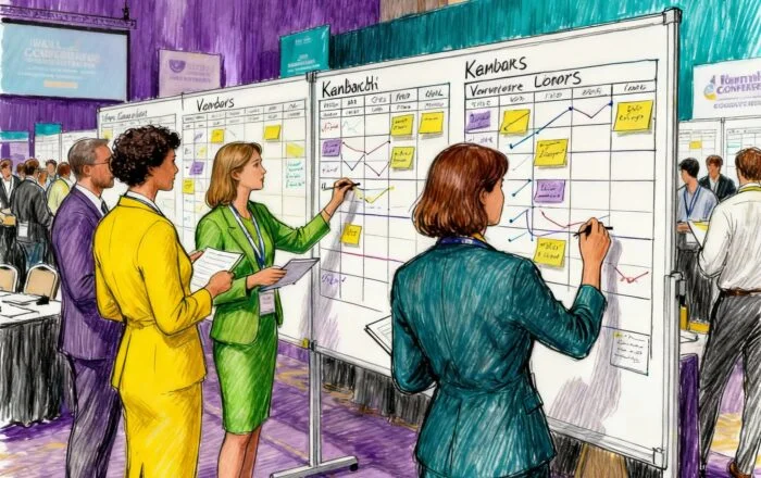 event-management-case-study-illustration-image Professional event management team at a large corporate conference venue