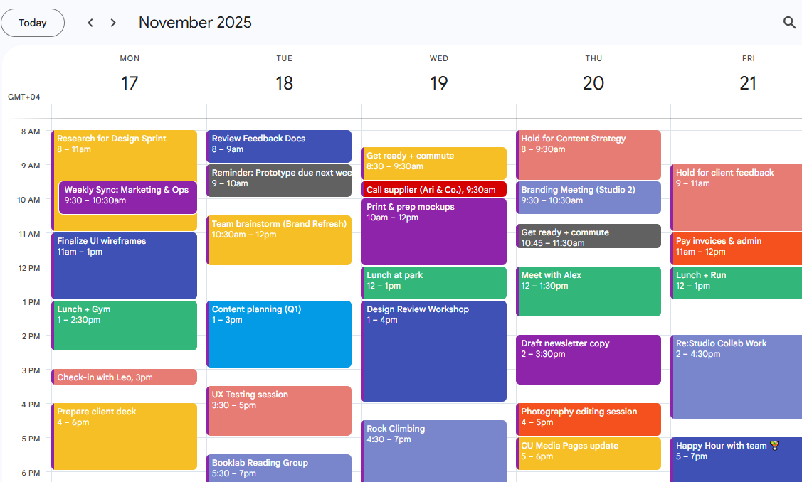 Google Calendar with highlighted events and milestones