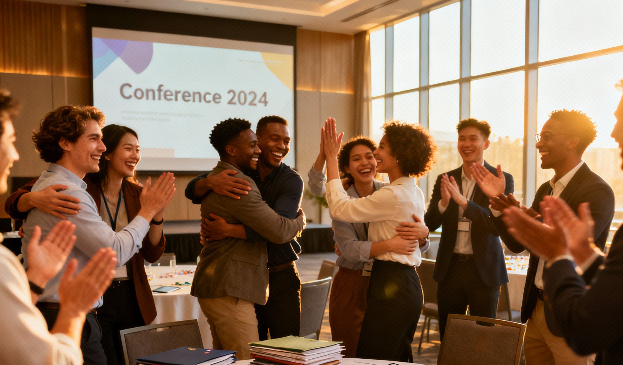 Event planning staff group photo at completed event showing satisfaction with Kanbanchi workflow