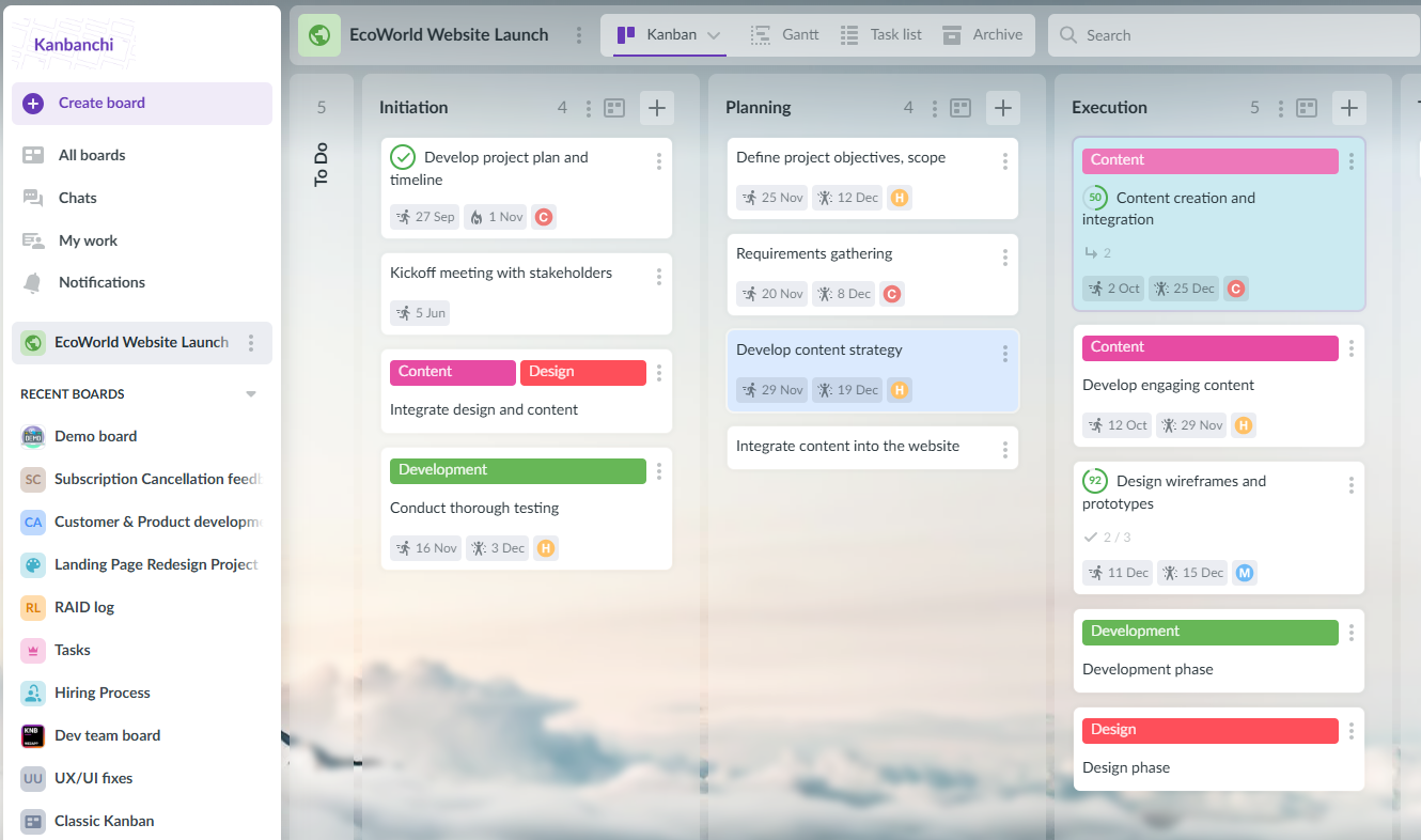 Screenshot of Kanbanchi project management software integrated with Google Workspace Kanbanchi interface with Kanban board for Google Workspace users