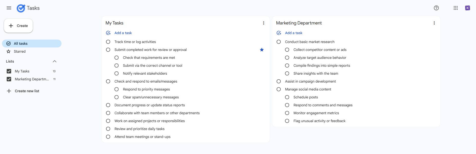 Google Tasks interface