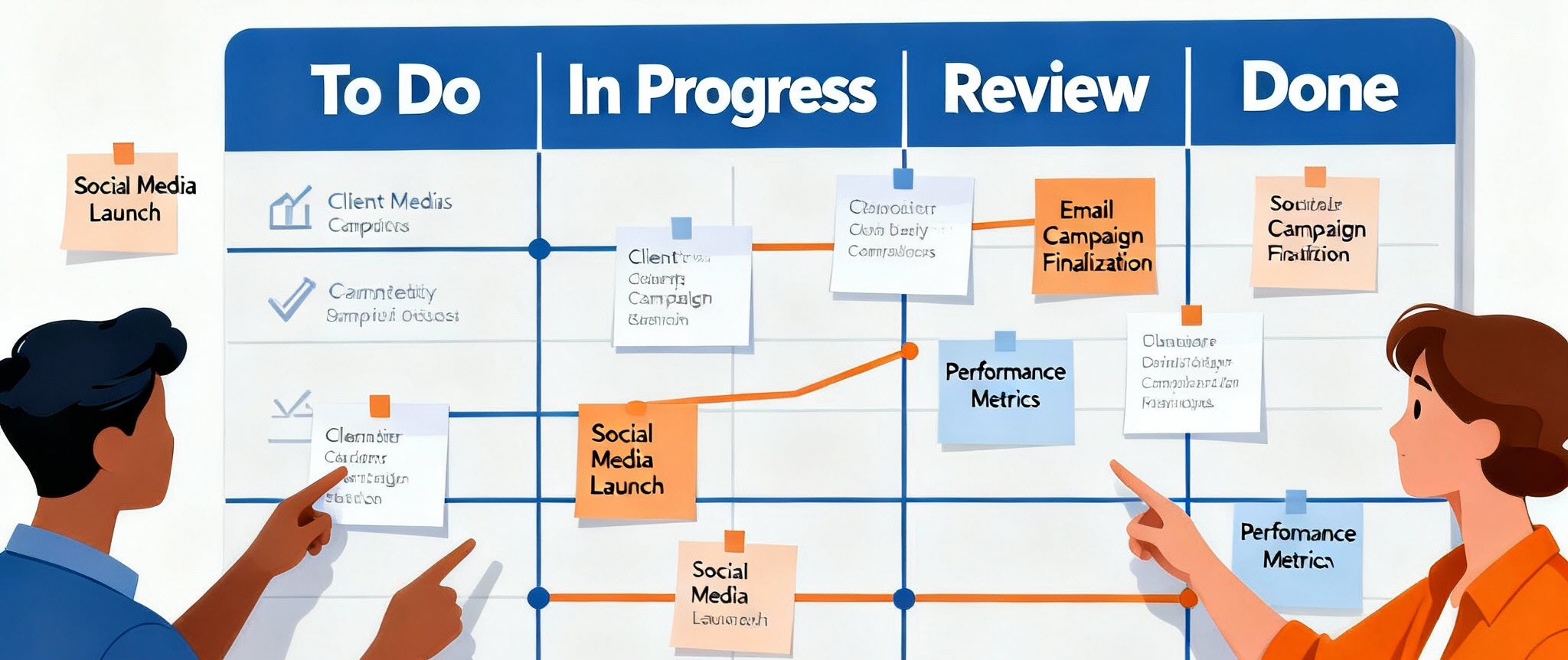 Digital marketing agency employees looking at the kanban board