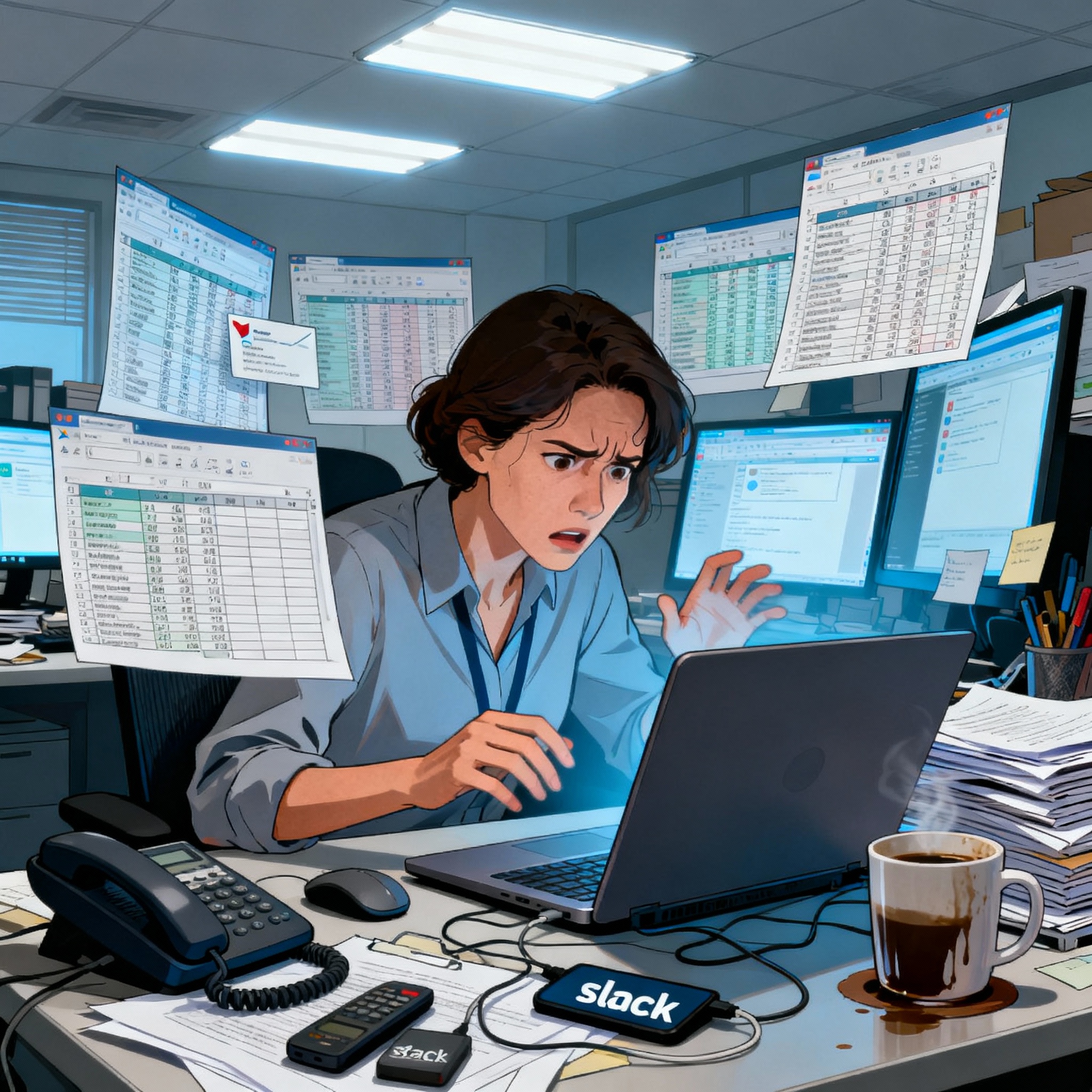 Stressed event coordinator juggling spreadsheets, emails, and multiplecommunication channels