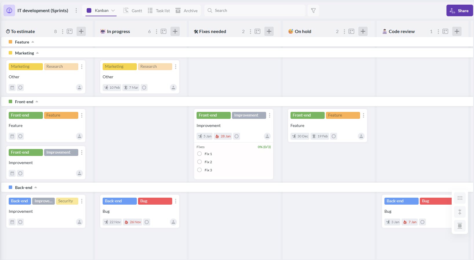 A screenshot of a Kanbanchi board utilizing horizontal swimlanes to separate tasks into distinct rows for "Marketing," "Front-end," and "Back-end," illustrating how to oversee various projects at once