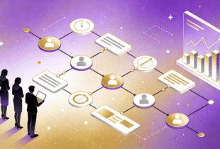 An illustration showing a business team visualizing a connected Enterprise Project Management workflow that leads to a chart showing positive ROI