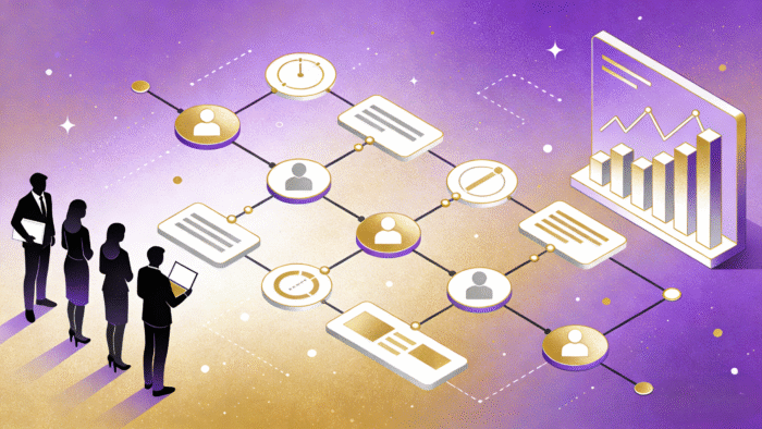 An illustration showing a business team visualizing a connected Enterprise Project Management workflow that leads to a chart showing positive ROI
