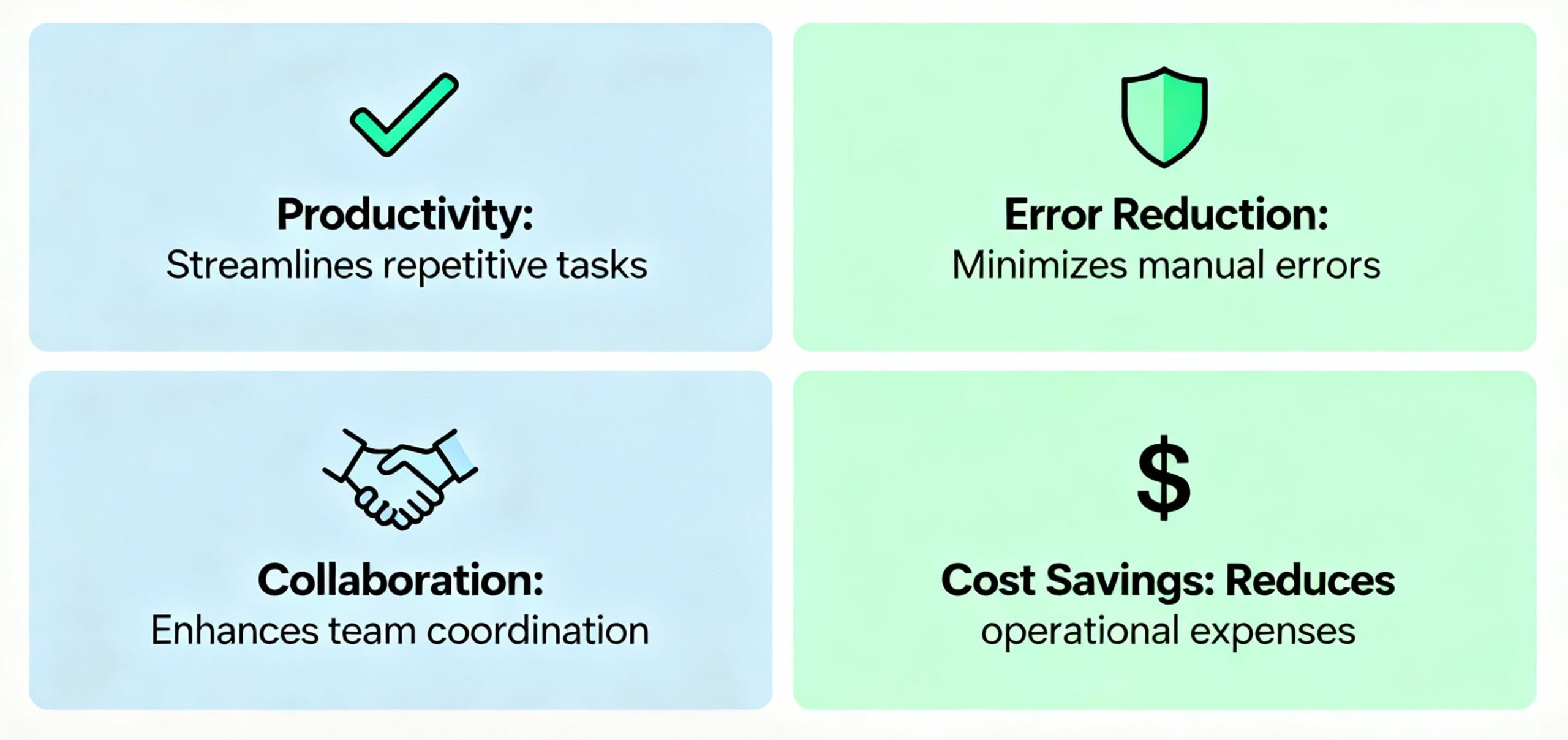 Key benefits include increased productivity, reduced errors, better collaboration, and real-time visibility