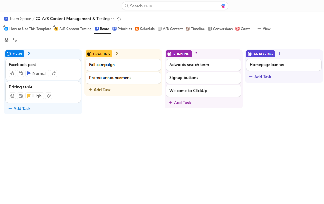 ClickUp project management dashboard displaying tasks, workflows, and campaign tracking for a digital marketing agency