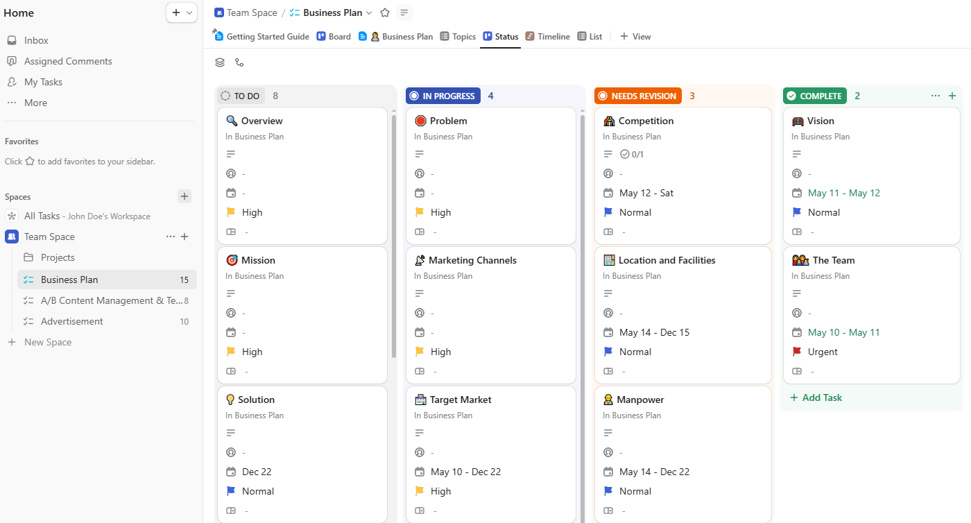 ClickUp as a Versatile Project Management Software for Remote Teams ClickUp project board showing tasks and subtasks for remote team project management.
