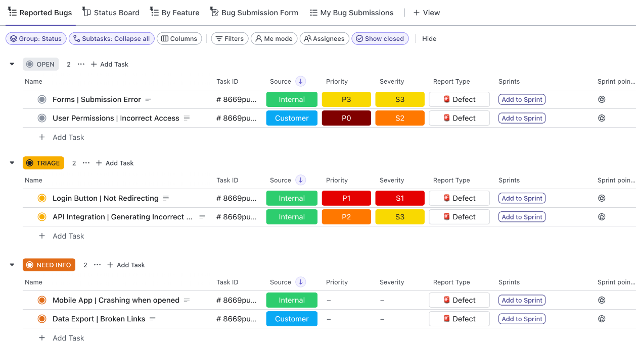 ClickUp scrum board showing sprint tasks, backlog, and task statuses