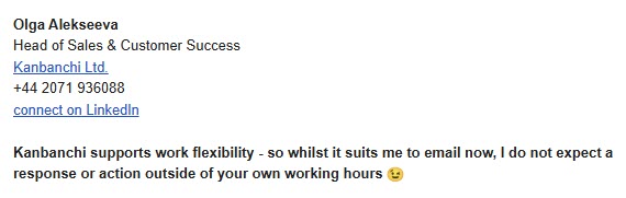 Email signature screenshot: Kanbanchi work flexibility note about no after-hours response expectations, promoting asynchronous communication for remote teams