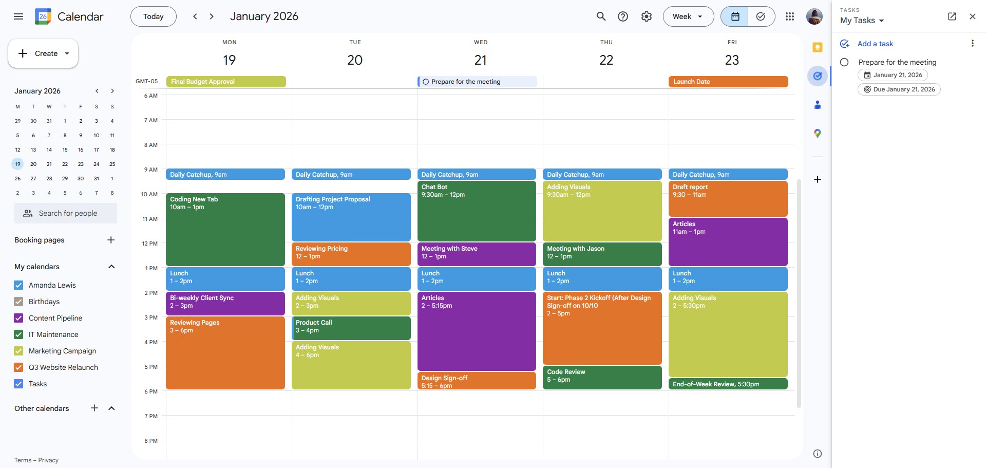 Google Calenadr with the properly scheduled events, added Google Tasks and color-coded events