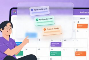 A person in purple professional attire sits with a tablet displaying a Google Calendar interface. Three floating Kanbanchi task cards in light purple, mint green, and orange - each with checkmarks - overlay the calendar, demonstrating the integration between Google Calendar events and Kanbanchi project cards